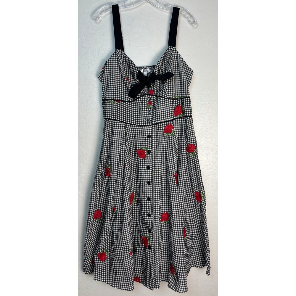 Unique Vintage Black & White Gingham Midi Dress with Red Rose Embroidery